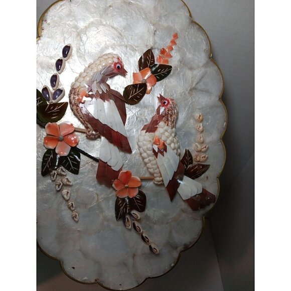 Vintage Capiz Shell Scalloped Seashell Art Birds And Flowers Art Work Sealed - Picture 3 of 6